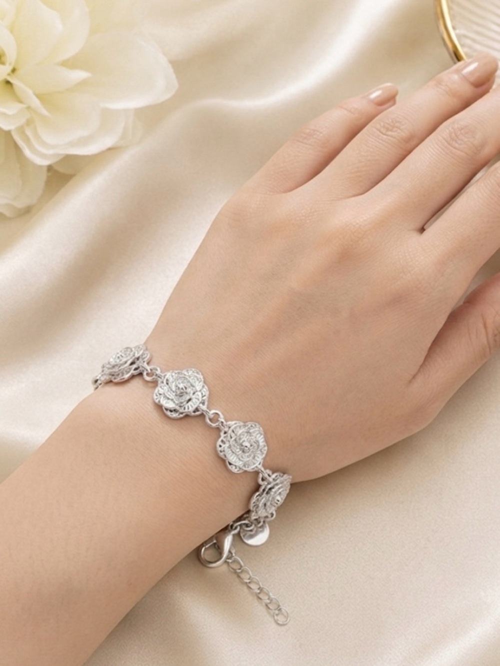925 Sterling Silver Rose Flower Link Bracelet